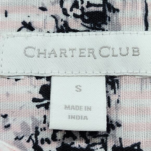 Charter Club Top Womens S Pink Black Toile-Print Linen Blend Roll Tab Sleeves - Picture 7 of 13